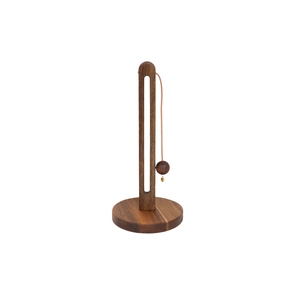 Vertical acacia wood kitchen paper towel holder with stable round base on white background