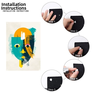 Detailed guide showing 5-step easy installation for abstract wall art with mounting kits