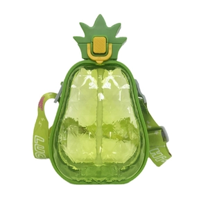 Detail of creative pineapple straw water bottle with adjustable strap and flip lid