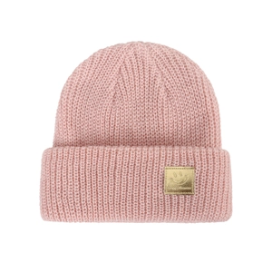 Close-up of pink knit beanie with a metallic gold smiley face Lucky Beanie patch