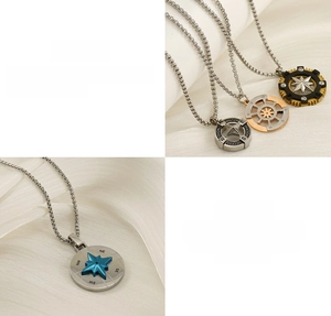 Macro shot of stainless steel compass pendant with blue star and success vision engraving
