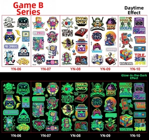 Glow-in-the-dark gaming stickers with gamepads and pixel art for kids' parties