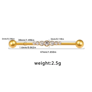 Barre d'oreille industrielle avec sept zircons blancs et dimensions détaillées