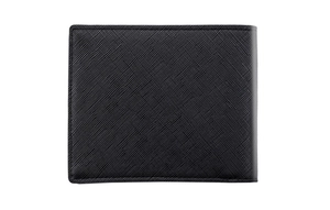 Macro view of black Saffiano leather texture and stitching on minimalist men wallet