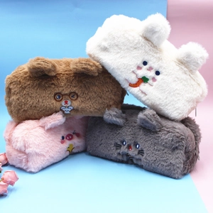 Cute plush animal pencil cases in brown, white, pink, and grey with bear embroidery