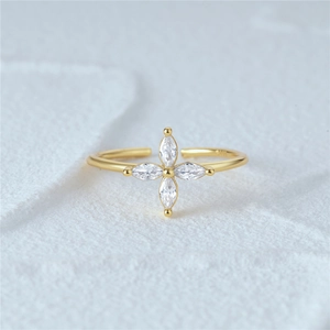 Detail of flower ring with marquise-cut zircon stones and S925 sterling silver stamp