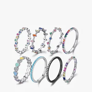 925 Sterling Silver Rainbow Stackable Ring For Women Luxury Rhinestone Enamel Colorful Jewelry Eternity Band Finger Ring