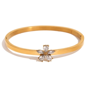 18K gold plated stainless steel flower bangle with sparkling white crystals for women