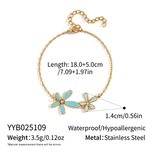 Detailed size specifications for gold stainless steel bracelet with blue flower charms