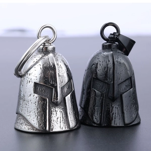 Close-up of Spartan helmet motorcycle guardian bells in silver and black stainless steel