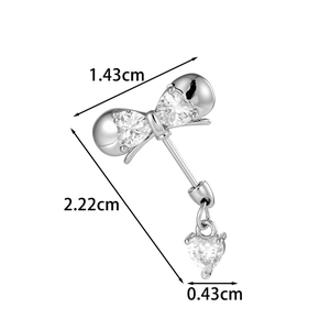 Sweet bowknot titanium steel ear stud with heart zircon stones and detailed dimensions