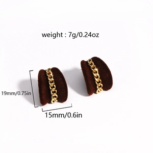 Detail view of burgundy velvet heart earrings with gold chain inlay and size measurements
