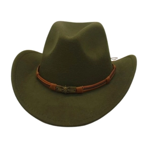 Detail of olive green wool felt hat with brown braided band and bronze skull ornament