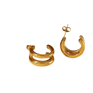 Polished 18K gold plated stainless steel double C-shape hoop earrings for women