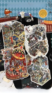 Macro detail of 2.5D isometric scenery stickers for journaling with surreal room designs