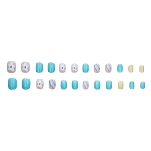 24pcs short square press-on nails with cute floral patterns and blue wavy line designs