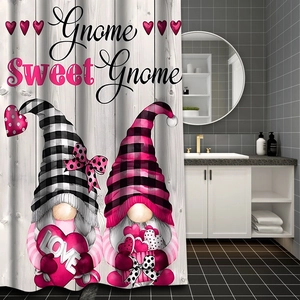 Close-up of waterproof polyester shower curtain with Nordic gnome love pattern and text