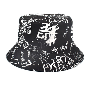 Detail of street graffiti print on black canvas bucket hat with white typography