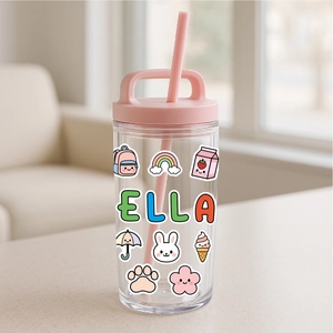 Clear water bottle with pink handle and custom colorful alphabet cartoon stickers
