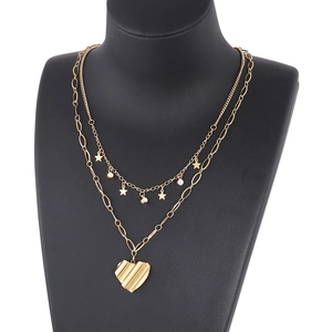 Collier double rang en acier inoxydable doré avec pendentifs étoile et cœur ondulé