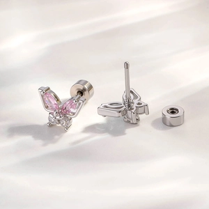 Silver butterfly cartilage piercing stud with pink marquise zircon and screw back closure