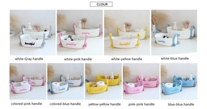 Detailed grid showing nine colorful cotton rope baskets with embroidered labels and handles