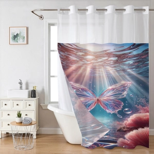 Close-up of waterproof shower curtain with dreamlike butterfly and coral reef print