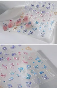 Macro detail of TL-148 3D nail stickers featuring blue roses and butterfly designs