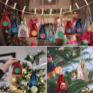 Christmas advent calendar set with 24 burlap bags, wooden clips and number stickers