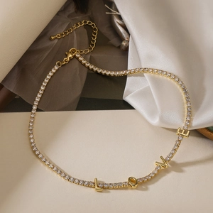 18K gold plated tennis necklace featuring LOVE letter pendant and sparkling zircon stones