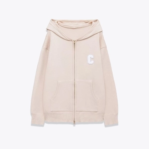 Oversized knitted zip-up hooded jacket and pants set in beige-pink with C embroidery