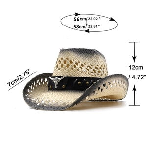 Hollow hand-woven straw western cowboy hat with cattle logo and gradient black brim