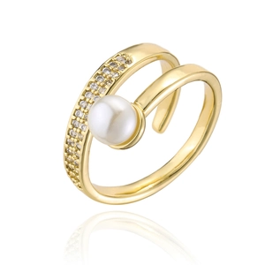 18K gold plated pearl ring with micro-pave cubic zirconia on an open adjustable band