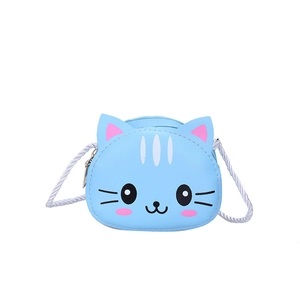Cute light blue cartoon cat mini PU leather crossbody bag for little girls with strap