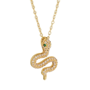 18K gold plated snake pendant necklace with shimmering cubic zirconia and green eyes