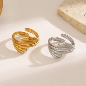 Stainless Steel Wavy Line Ring Adjustable Open Feather Design Minimalist Chic Jewelry For Women
