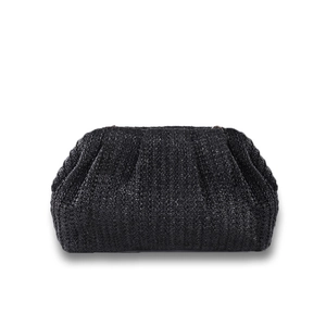 Detail of black woven cloud-style clutch bag with pleated closure on white background