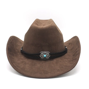 Detail of faux suede western cowboy hat with black braided band and turquoise stud
