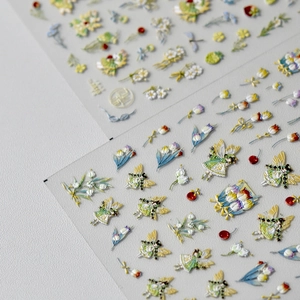 5D embossed nail stickers featuring woodland fairies and floral motifs with stereo texture