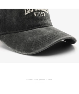 Close-up of Los Angeles 1850 embroidery and washed cotton texture on vintage baseball cap