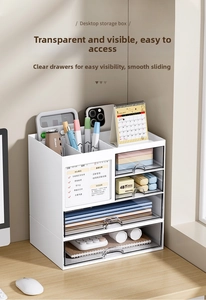 Close-up of a white desktop storage box with clear drawers and memo slots for organization