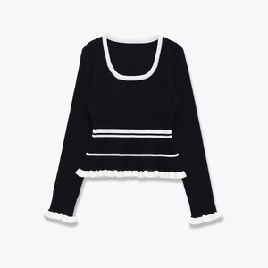 Women Long Sleeve Pullover Sweater Polyester Acrylic Rib-Knit Ruffle Hem Color Block Slim Fit Elegant Casual Top