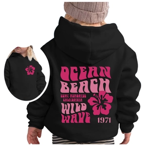 Kids black hoodie with pink Ocean Beach Wild Wave 1971 vintage California surf print
