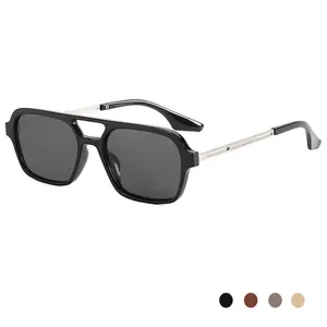 Classic double-bridge square sunglasses with black acetate frame and silver metal temples