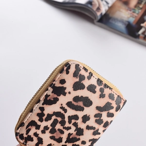 Close-up of pink leopard print PU leather wallet with a smooth zipper and multi-card slots