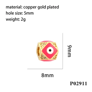 Copper gold plated pink enamel square evil eye charm bead with dimensions and hole size