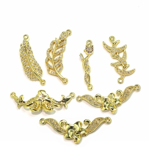 Copper Cubic Zirconia Pendants Connectors 18K Gold Plated Leaf Feather Flower Shape For DIY Jewelry Making Women