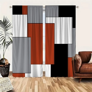 Detail of modern geometric block curtains with bold red and black polyester fabric textures