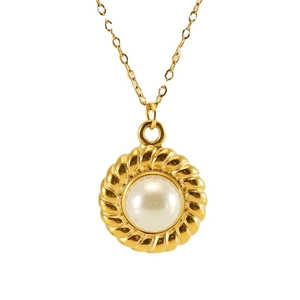 18k gold plated stainless steel necklace with vintage sunflower pearl pendant on white background