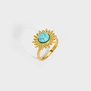 Bague rétro tournesol en acier inoxydable doré avec turquoise et texture antidérapante